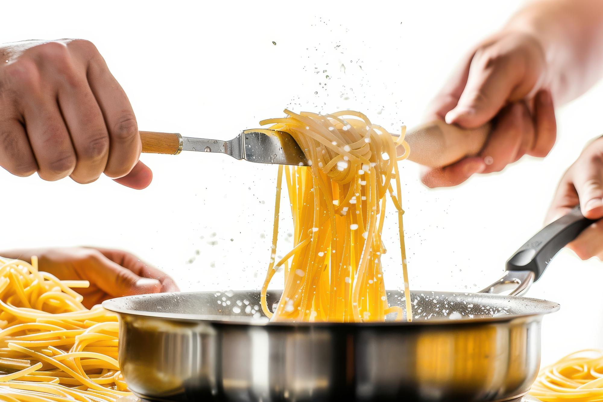 Chef cooking a fast pasta dish on a modern stove